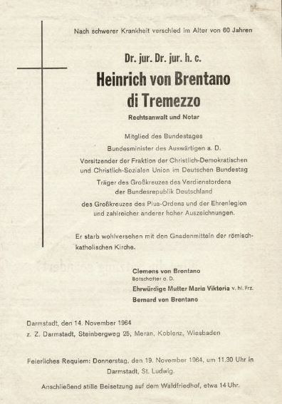 Traueranzeige Heinrich von Brentano