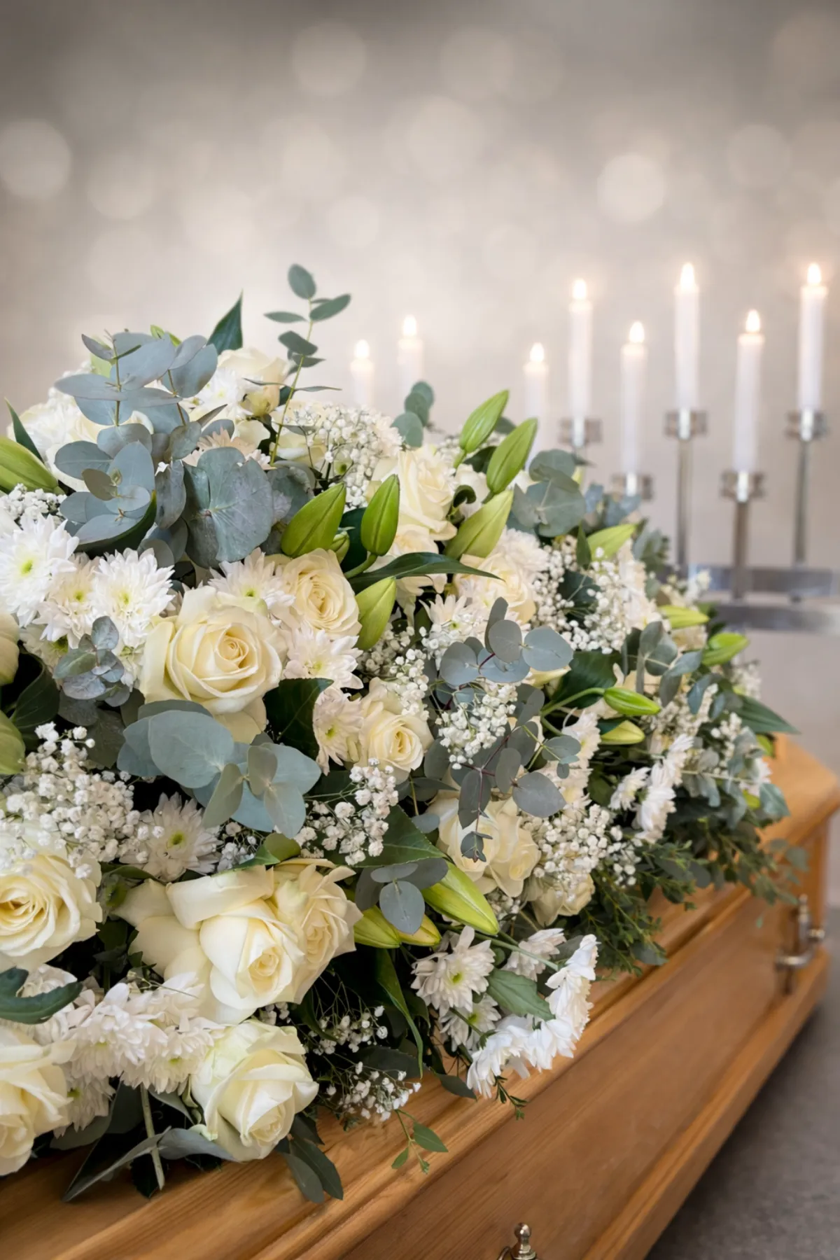 7716 – Gesteck Rosen, Eukalyptus und Lilien